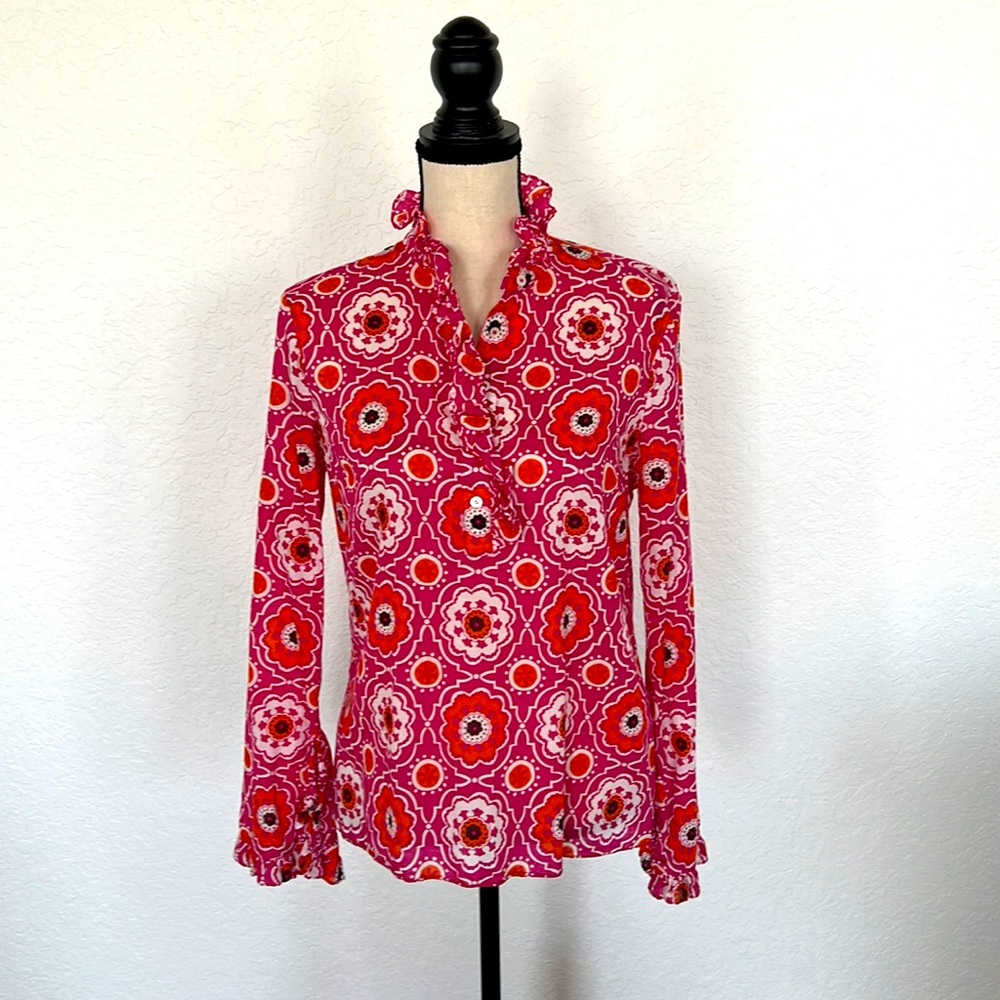 Tory Burch Blouse pink, orange and white with ruffle collar and sleeves size 8